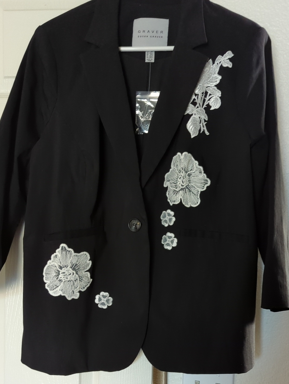 Susan Graver Black Blazer with White Floral Appliqué